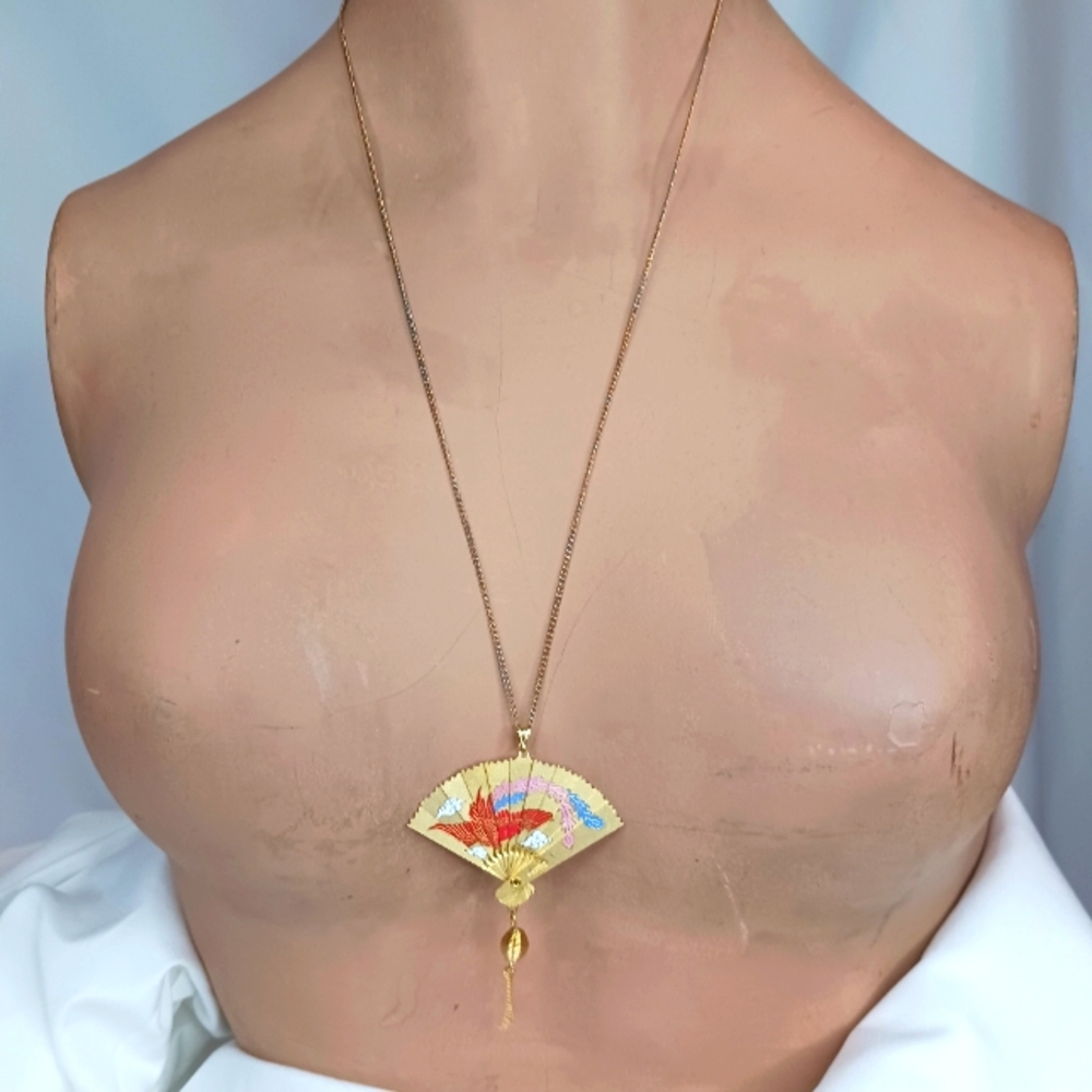 Vintage Gold Painted Phenix Folding Fan Necklace.